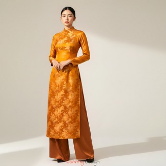 Set Áo Dài Tân Xuân gấm hoa nhí vàng F